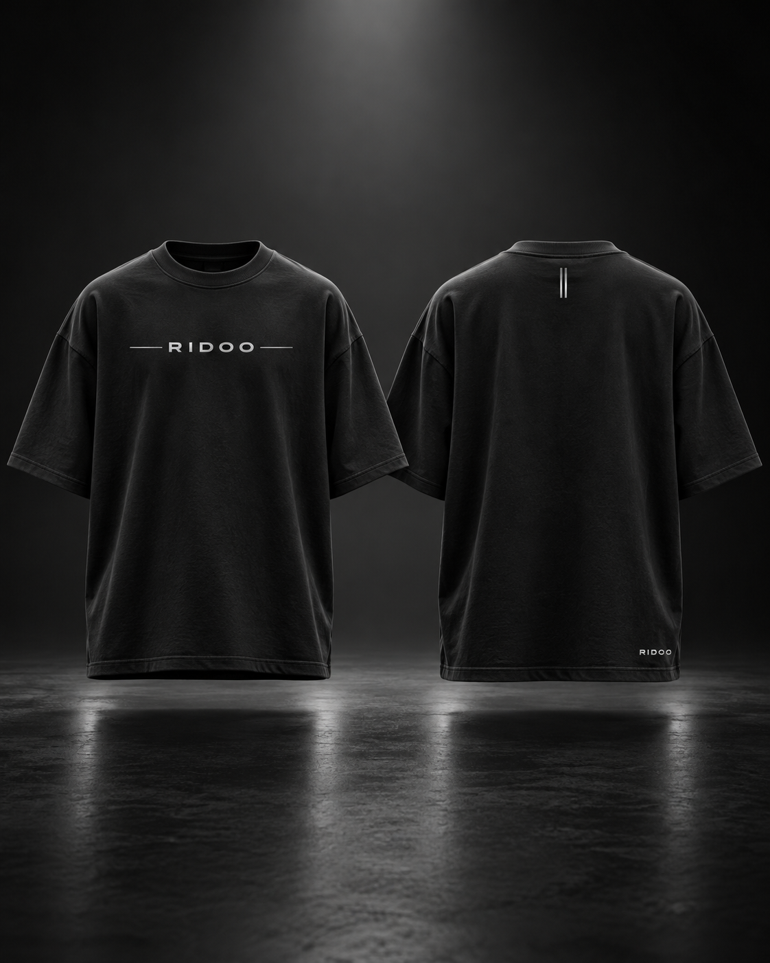 RIDOO Essential Tee — Black, front and back views