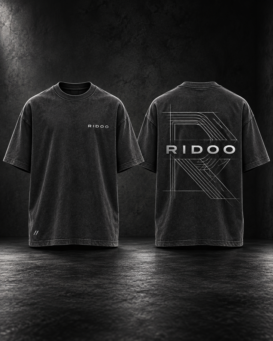 RIDOO Path Tee — Washed Graphite, front and back views