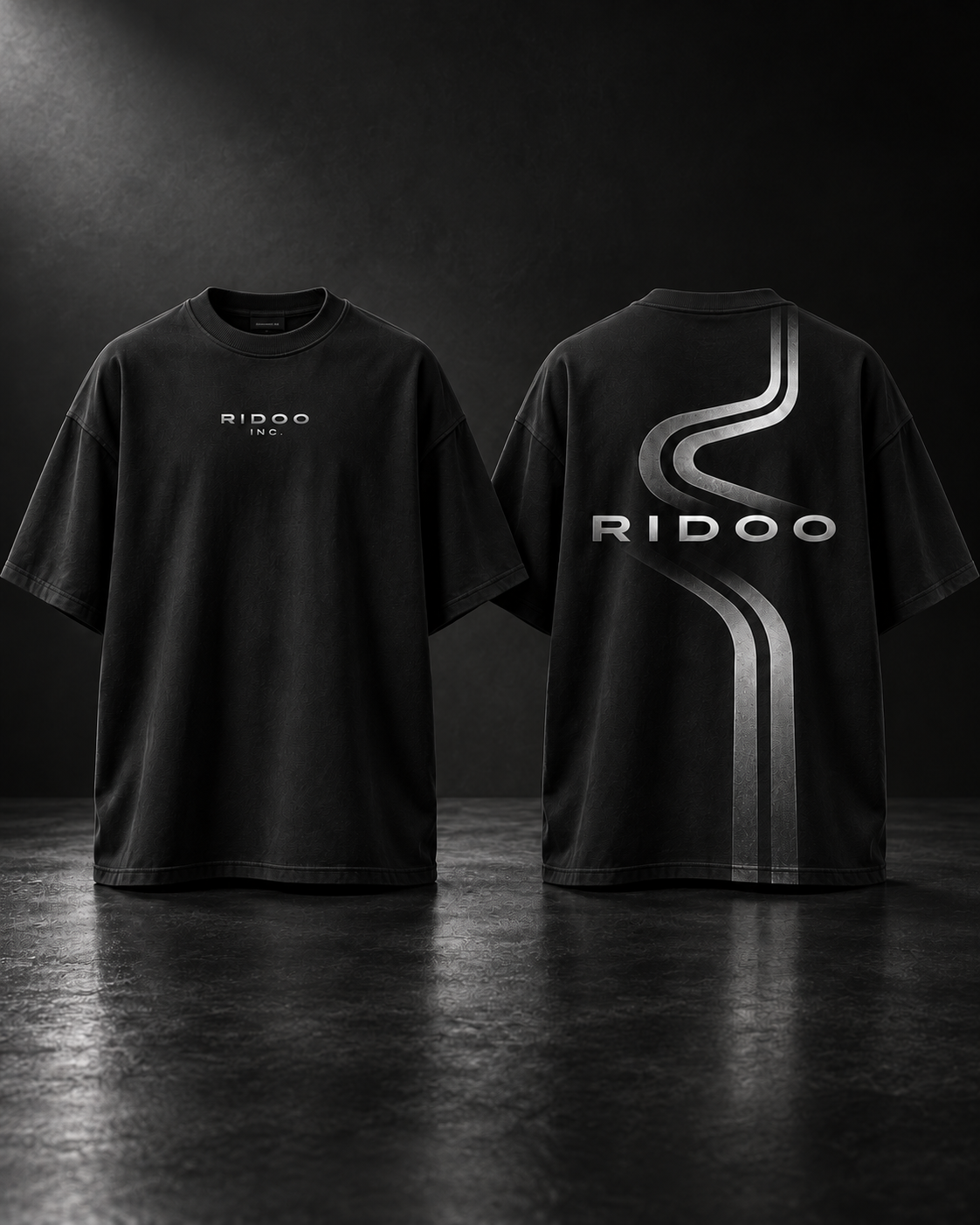 RIDOO Structure Tee — Black, front and back views